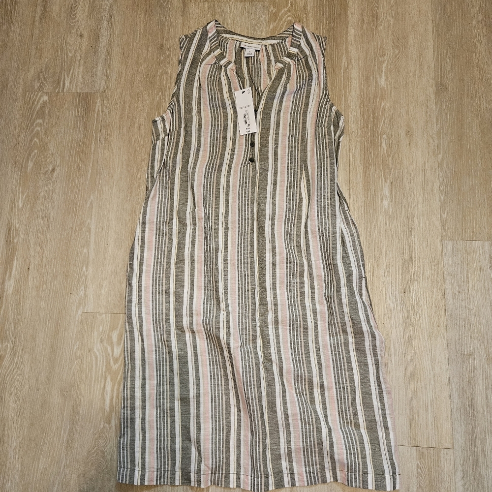 NWT Liz Claiborne Sleeveless Shift Dress Olive Stripe Linen Cotton Blend Women S